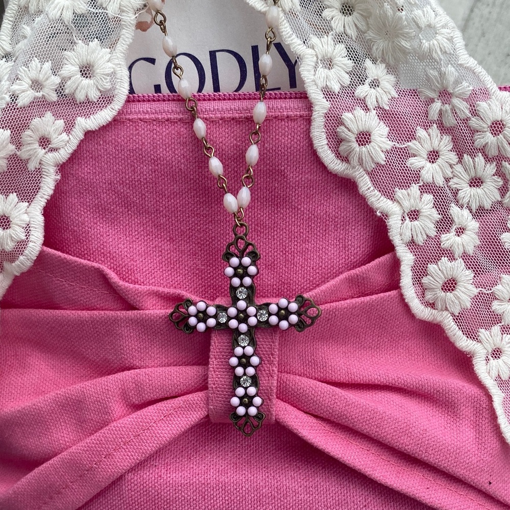 Pink Beaded Cross Necklace w/ FREE bracelet